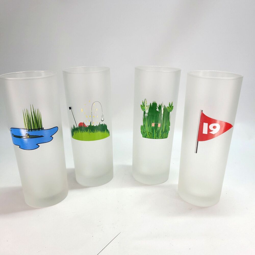 4 Golfing Hazards Frosted Highball Glasses Set 4 Golf Dartington 7" France